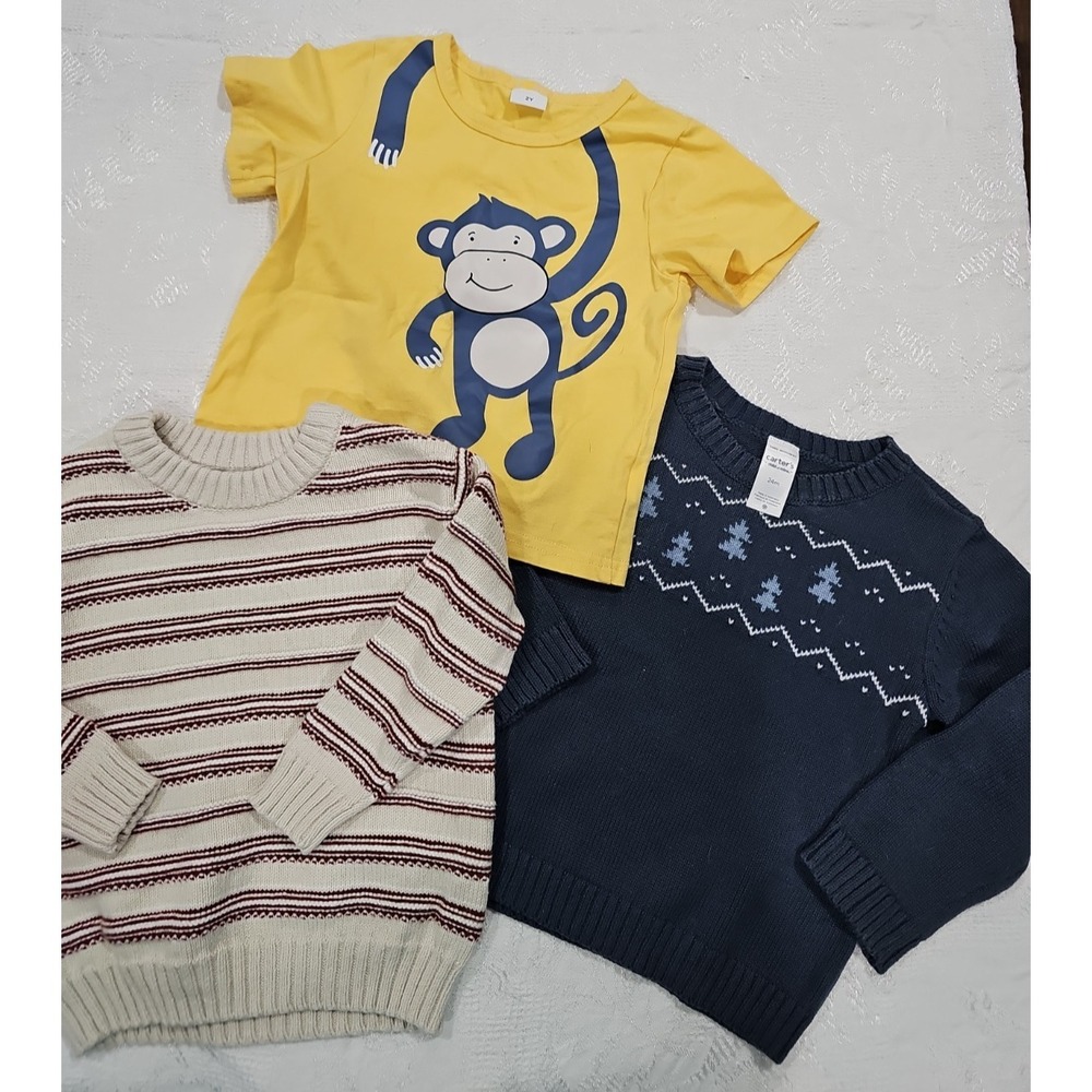 Toddler Boys 18M 24M Clothing Lot 3 Pc Carter's Little Co Knit Sweaters Tee - Picture 3 of 16